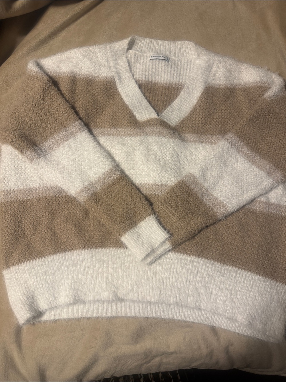 Staccato V-Neck Sweater in Cream and Tan Stripes